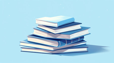 Stack of blue books on a blue background. 3d illustration.の素材