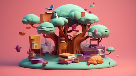 3d illustration of a cartoon city with trees, books and cloudsの素材