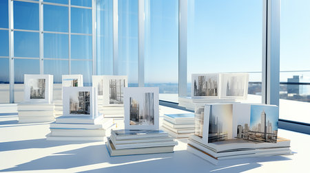 3d render of a modern interior with books and cityscape viewの素材