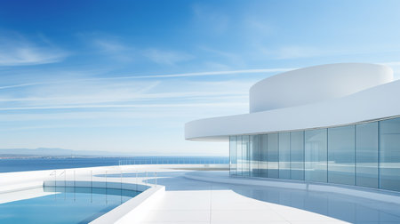 3d render of modern building exterior with swimming pool and sea viewの素材