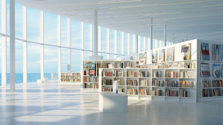 3d rendering bookshelves in a modern library with sea viewの素材