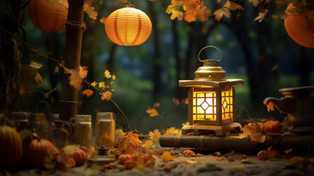 Vintage lanterns and lanterns on autumn leaves in the forestの素材