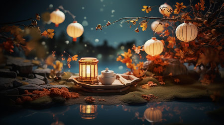 Autumn still life with lanterns, lanterns and fallen leavesの素材