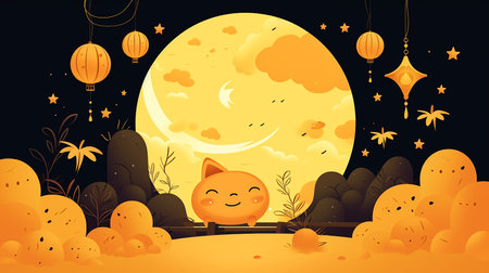 Cute cartoon cat on the moonlight background. Vector illustration.の素材