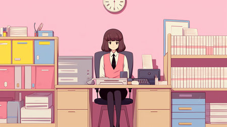 beautiful secretary is busy taking care of office administration in anime styleの素材