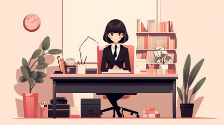 beautiful secretary is busy taking care of office administration in anime styleの素材