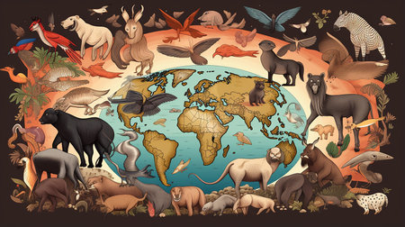 a group of animals in the forest in flat design styleの素材