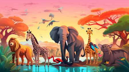 cartoon illustration of animals on savanna at sunrise, world animal day posterの素材