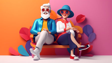 3d cartoon of Elderly couples spending time together to enjoy old ageの素材