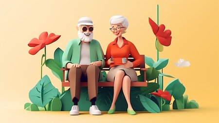 3d cartoon of Elderly couples spending time together to enjoy old ageの素材