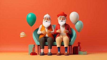 3d cartoon of Elderly couples spending time together to enjoy old ageの素材