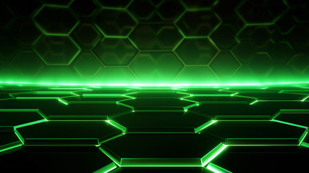A cool hexagon shape background with green neon laser lightの素材