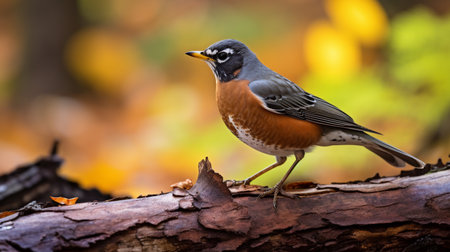 Photo of a American Robin standing on a fallen tree branch at morningの素材