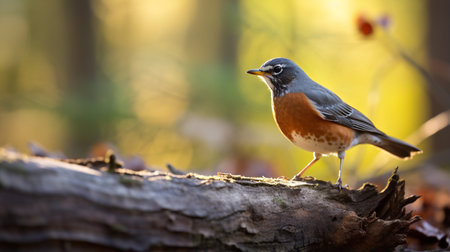 Photo of a American Robin standing on a fallen tree branch at morningの素材