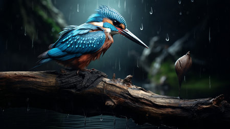 Photo of a Kingfisher standing on a fallen tree branch at morningの素材