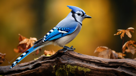 Photo of a Blue Jay standing on a fallen tree branch at morningの素材
