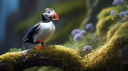Photo of a Atlantic Puffin standing on a fallen tree branch at morningの素材