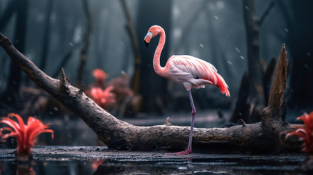 Photo of a Flamingo standing on a fallen tree branch at morningの素材