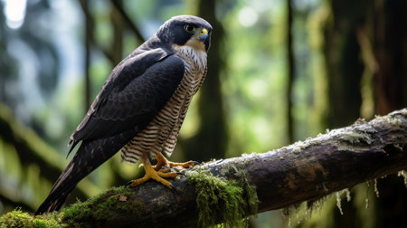 Photo of a Peregrine Falcon standing on a fallen tree branch at morningの素材