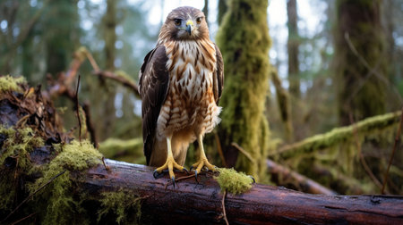 Photo of a Red-tailed standing on a fallen tree branch at morningの素材