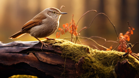 Photo of a Nightingale standing on a fallen tree branch at morningの素材