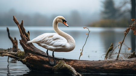 Photo of a Swan standing on a fallen tree branch at morningの素材