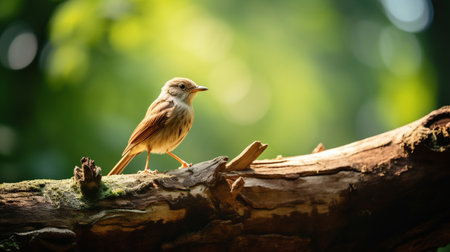 Photo of a Nightingale standing on a fallen tree branch at morningの素材