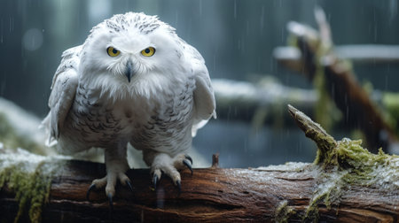 Photo of a Snowy Owl standing on a fallen tree branch at morningの素材