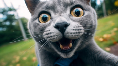 Close-up Photo of a funny shocked Russian Blue sticking out his tongueの素材