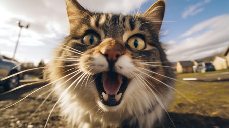 Close-up Photo of a funny shocked Norwegian Forest Cat sticking out his tongueの素材
