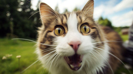 Close-up Photo of a funny shocked Norwegian Forest Cat sticking out his tongueの素材