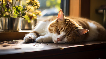 Photo of cat sleeping on the table in front of the windowの素材