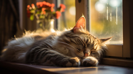 Photo of cat sleeping on the table in front of the windowの素材