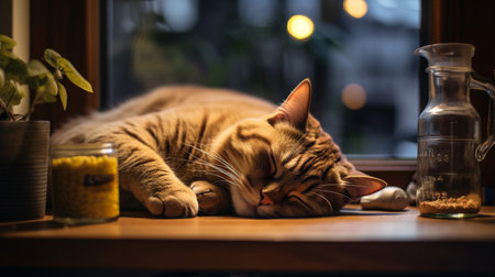 Photo of cat sleeping on the table in front of the windowの素材