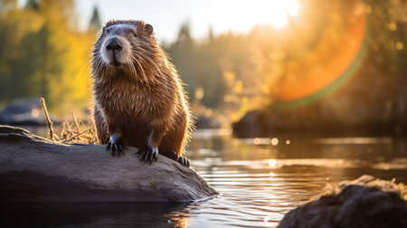 Close-up photo of a Beaver looking in their habitatの素材