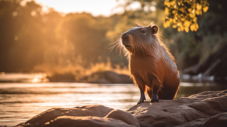 Close-up photo of a Capybara looking in their habitatの素材