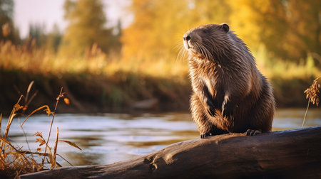 Close-up photo of a Beaver looking in their habitatの素材
