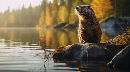 Close-up photo of a Beaver looking in their habitatの素材