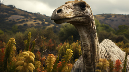 Close-up photo of a Brontosaurus looking in their habitatの素材