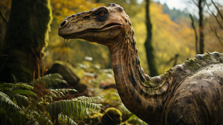 Close-up photo of a Brachiosaurus looking in their habitatの素材