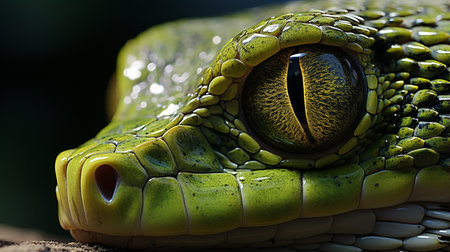 Close-up photo of a Green Tree Python looking in their habitatの素材