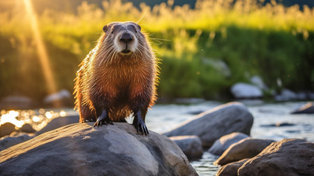 Close-up photo of a Marmot looking in their habitatの素材