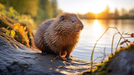 Close-up photo of a Muskrat looking in their habitatの素材