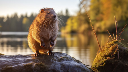 Close-up photo of a Muskrat looking in their habitatの素材