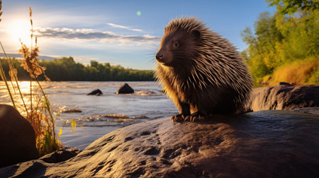 Close-up photo of a Porcupine looking in their habitatの素材