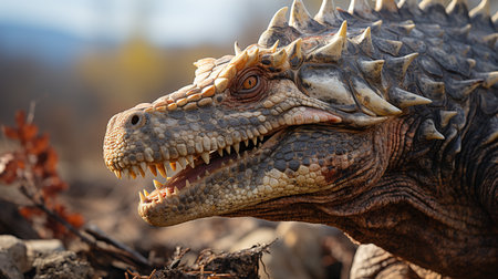 Close-up photo of a Stegosaurus looking in their habitatの素材