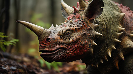 Close-up photo of a Triceratops looking in their habitatの素材