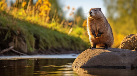 Close-up photo of a Woodchuck (Groundhog) looking in their habitatの素材