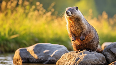 Close-up photo of a Woodchuck (Groundhog) looking in their habitatの素材