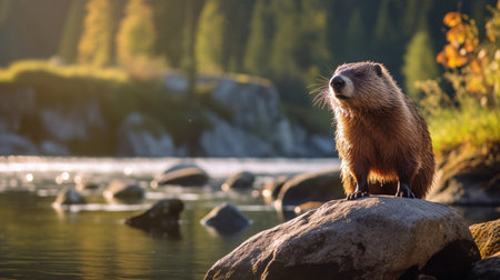 Close-up photo of a Woodchuck (Groundhog) looking in their habitatの素材